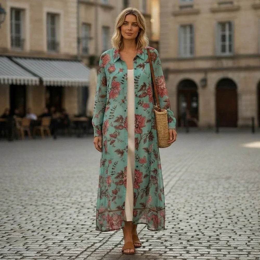 Soft Surroundings Floral Button Down Maxi Dress Turquoise Red Plus Size 3X - Picture 1 of 11